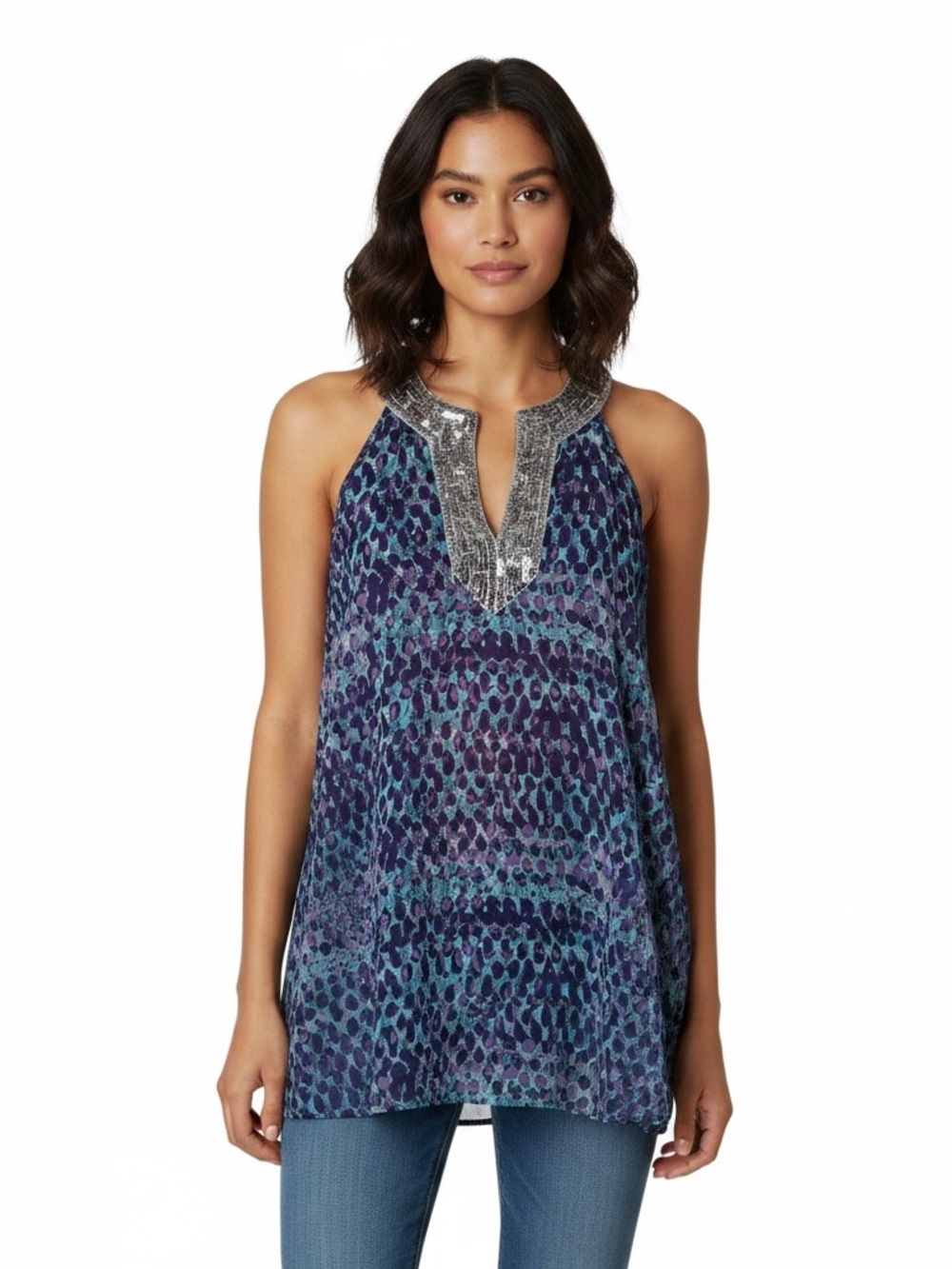 Free People tunic features a distinctive silver sequin neckline